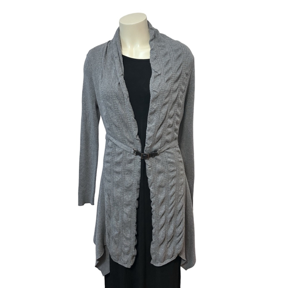 Cache Sweaters - Cache Gray Draped Open Front Cardigan Sweater L Belted Faux Leather Shawl Collar